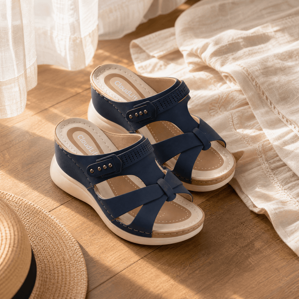 Arch-Support Wedge Slide Sandals with Adjustable Buckle Strap