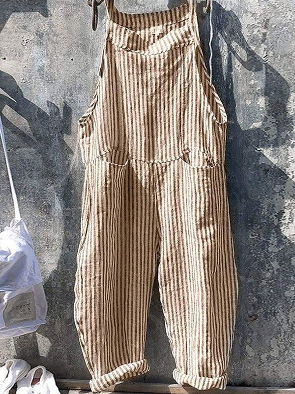 Striped Linen Cotton Jumpsuit with Adjustable Straps and Tapered Leg