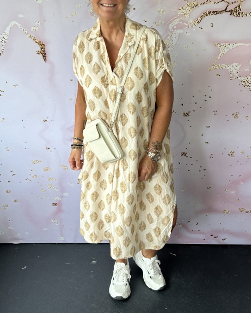Eleanora Loose Printed Short-Sleeve Midi Shirt Dress with Lapel Collar
