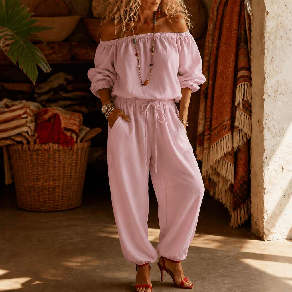 Off-Shoulder Two Piece Co Ord Set with Drawstring Waist Pants