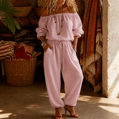 Off-Shoulder Two Piece Co Ord Set with Drawstring Waist Pants