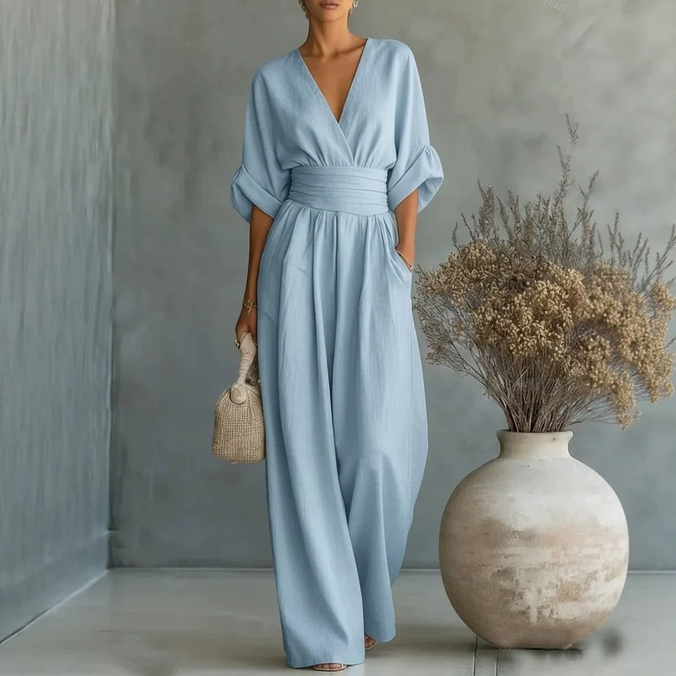 Sophia Merriweather Wide-Leg Linen Jumpsuit with Wrap Waist Tie