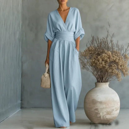 Sophia Merriweather Wide-Leg Linen Jumpsuit with Wrap Waist Tie