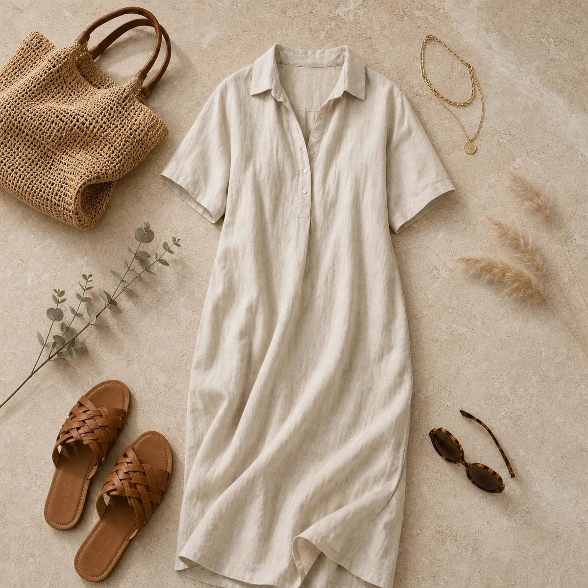 Lunavia Oversized Linen-Look Midi Summer Shirt Dress with Short Sleeves