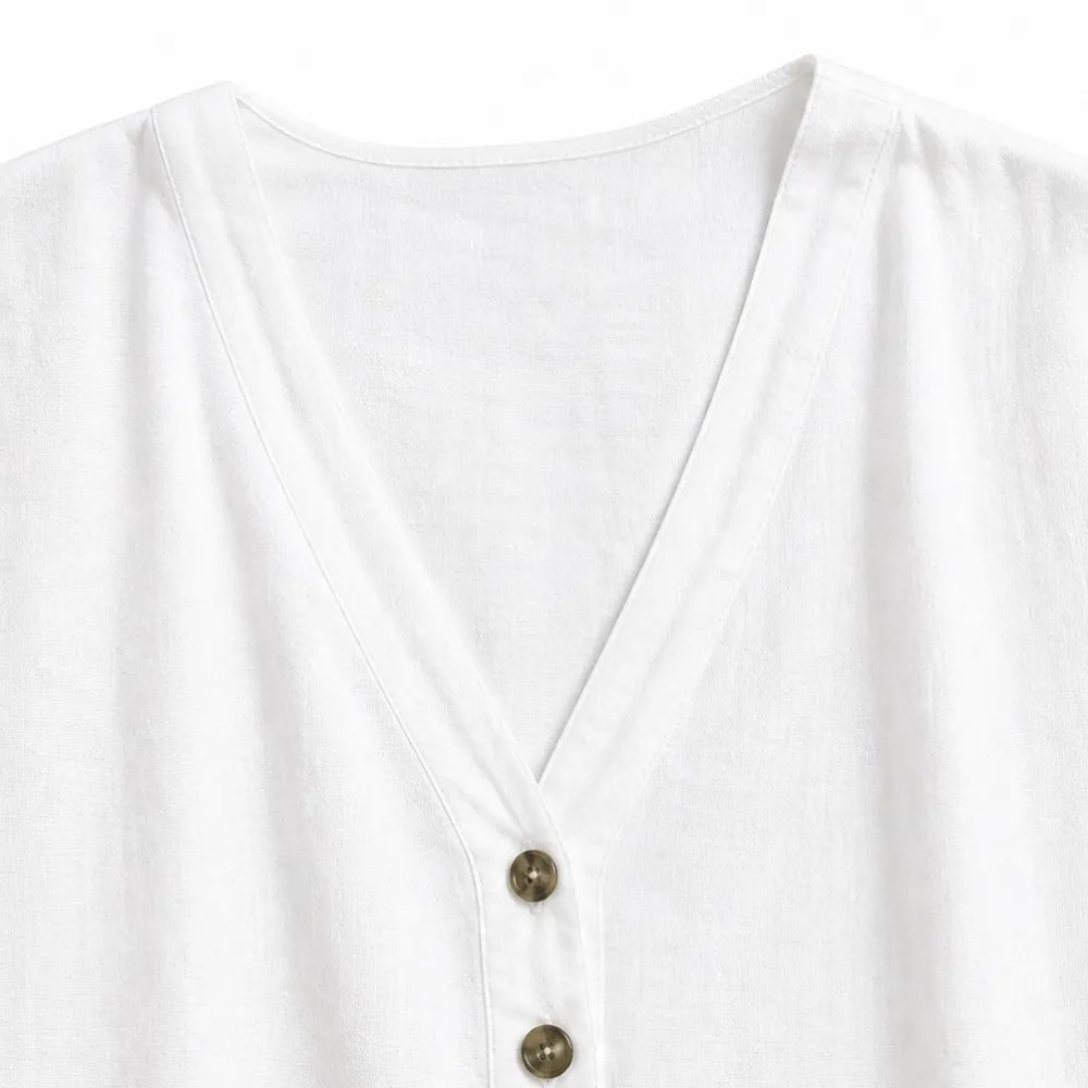 Soléne Oversized V-Neck Linen-Look Summer Dress with Half Sleeves and Button Placket