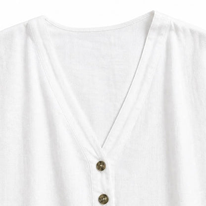 Soléne Oversized V-Neck Linen-Look Summer Dress with Half Sleeves and Button Placket