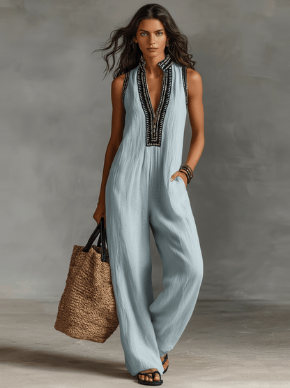 Women's Embroidered Stand Collar Sleeveless Linen Jumpsuit