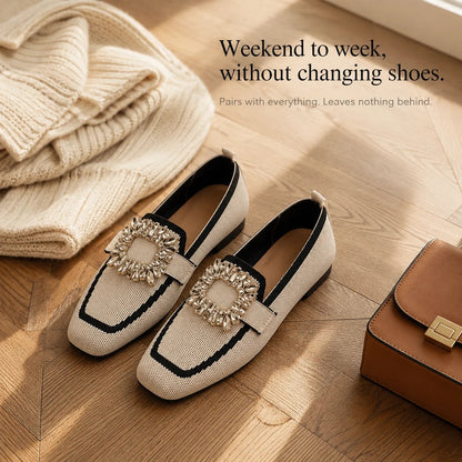 Crystal Buckle Square-Toe Knit Loafer Flats for Women
