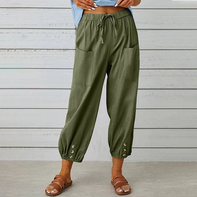 Lena Women's High-Waist Linen Harem Pants with Drawstring