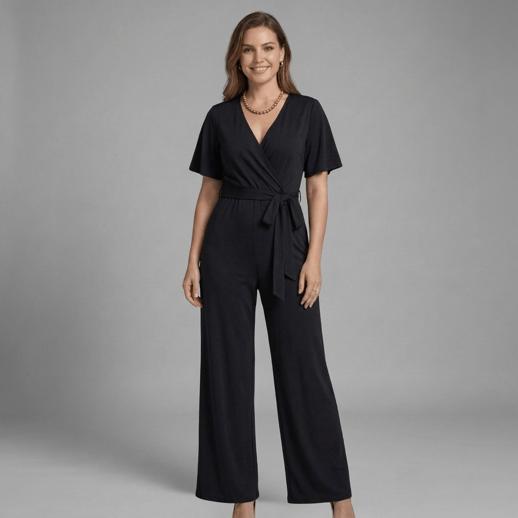 Liora Wrap Front V-Neck Wide-Leg Jumpsuit with Short Sleeves and Waist Tie
