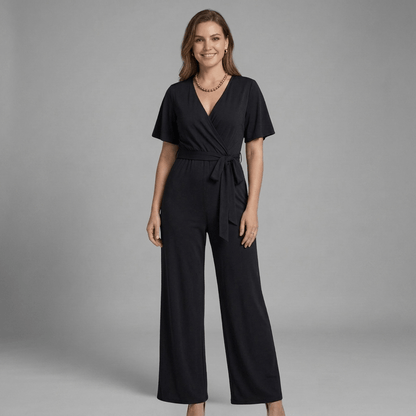 Liora Wrap Front V-Neck Wide-Leg Jumpsuit with Short Sleeves and Waist Tie