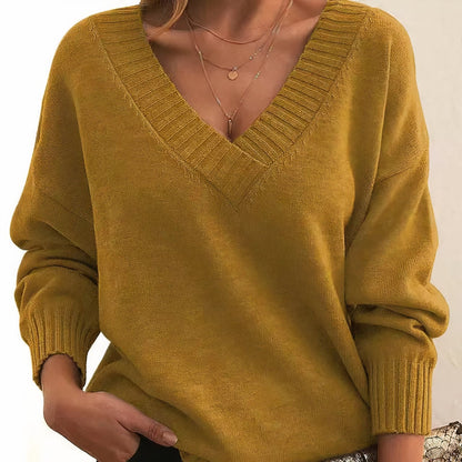Mercy V-Neck Relaxed Fit Knit Sweater with Ribbed Cuffs