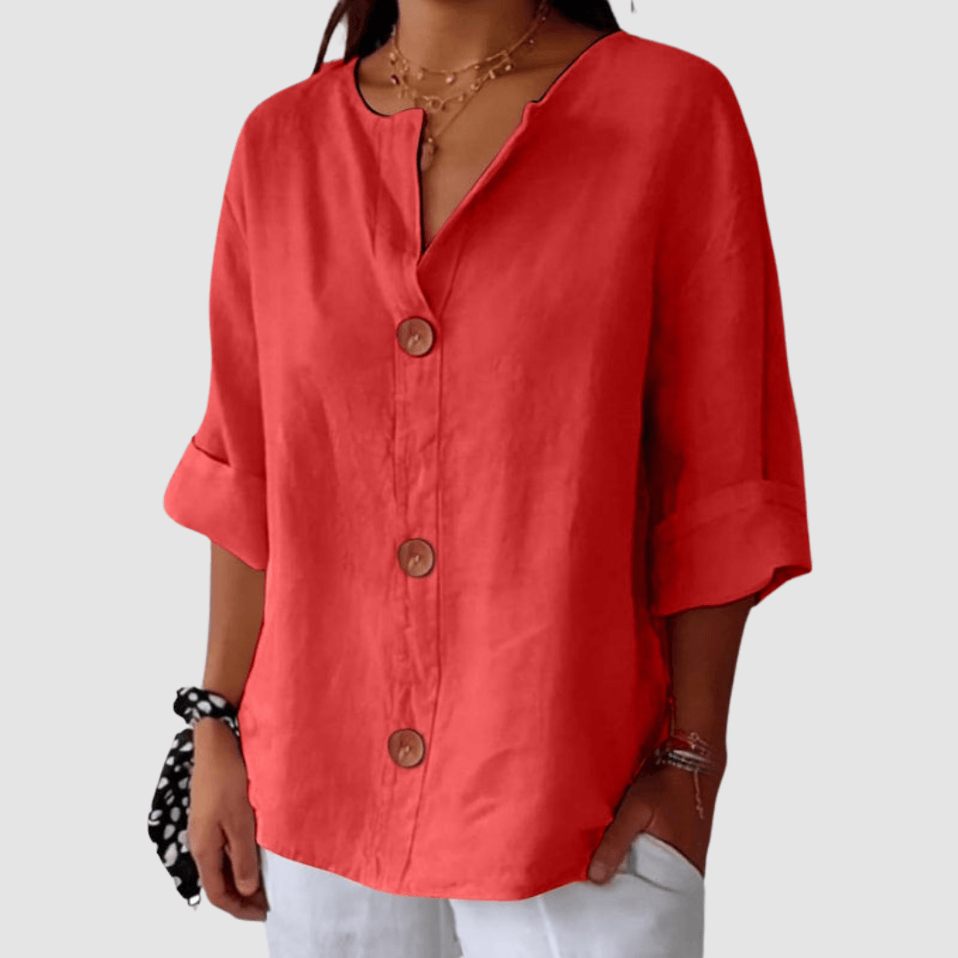 Leah Casual Linen Blouse with V-Neck Button Front and Rolled Sleeves