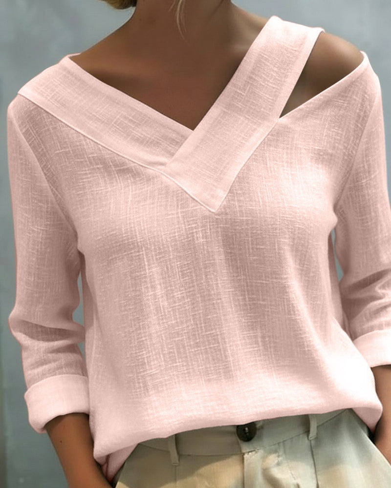 Vera Asymmetric V-Neck Linen-Look Top with Cold Shoulder Detail for Summer