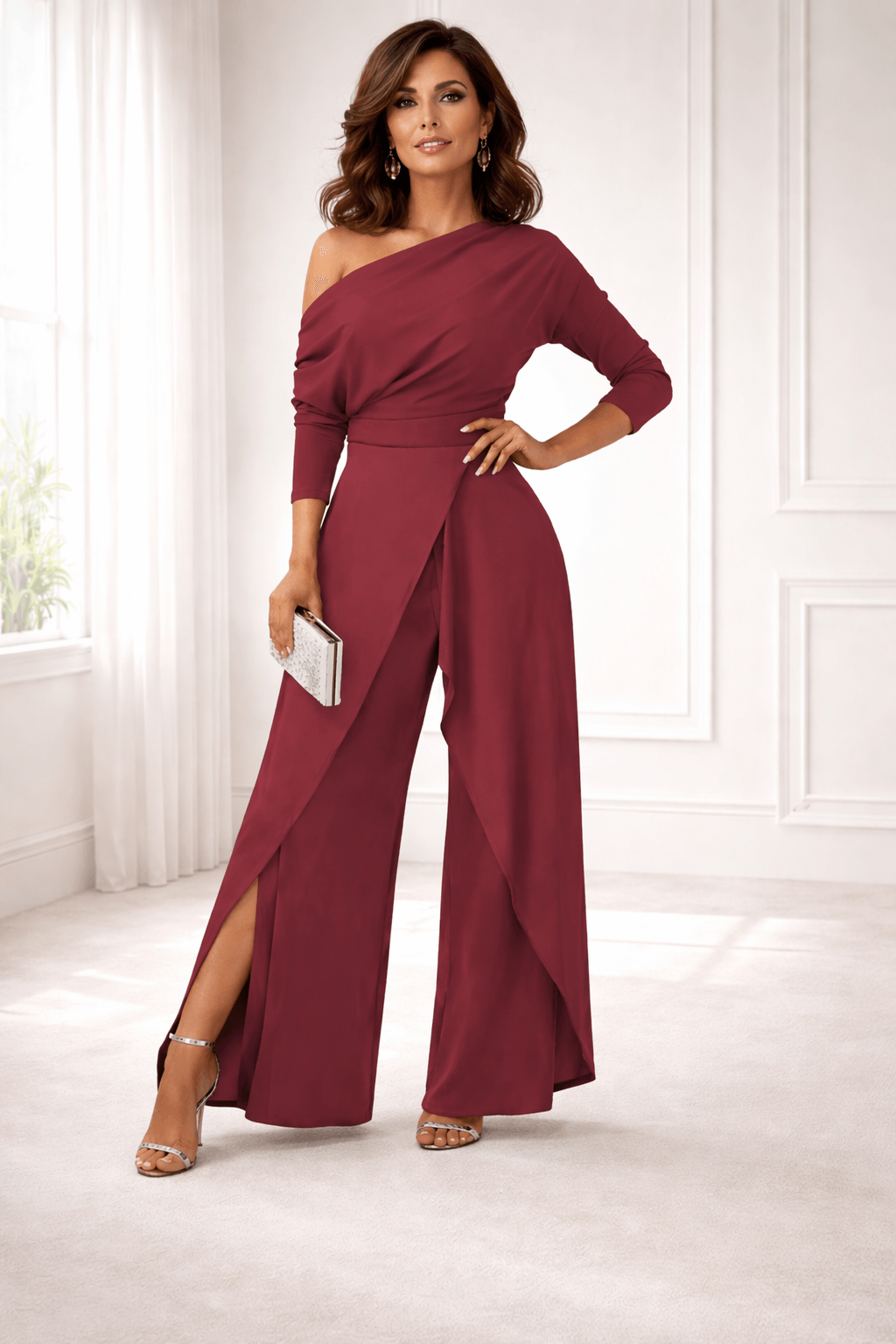 One-Shoulder Wrap-Front Wide-Leg Jumpsuit with Split Skirt Overlay