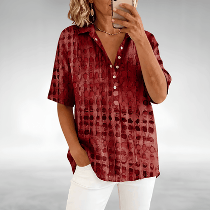 Loose Fit Linen Blend Summer Top with Abstract Dot Print and Short Sleeves
