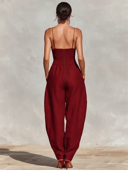 Women's Wide-Leg Linen-Blend Jumpsuit with Deep V Neckline