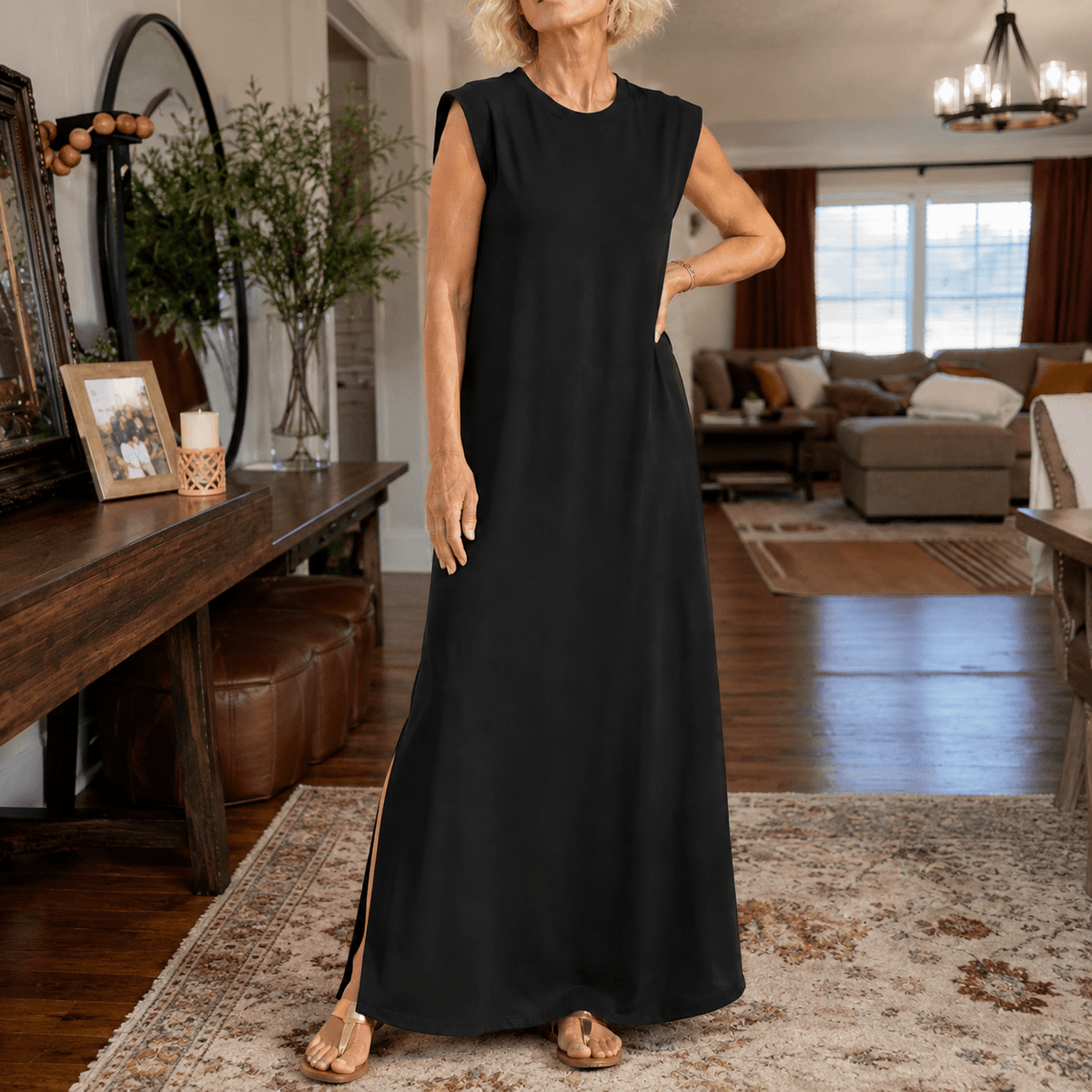Marella Sleeveless Wrinkle-Free Split-Hem Summer Midi Dress with Pockets