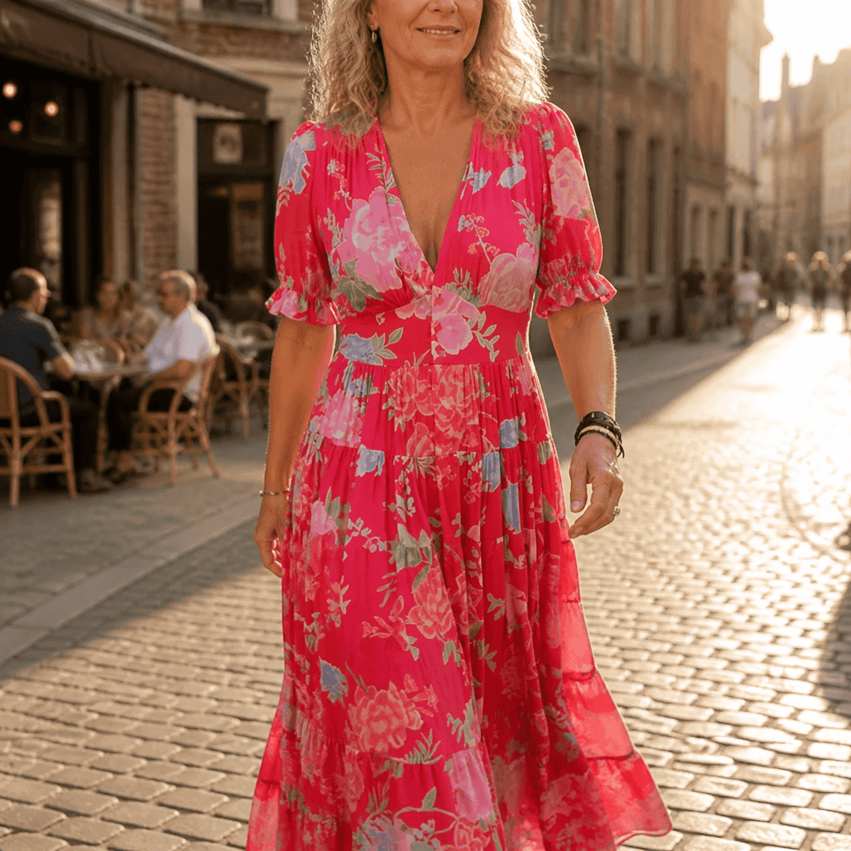 Minelda Floral Tiered V-Neck Women's Summer Maxi Dress with Flutter Sleeves and Belted Waist