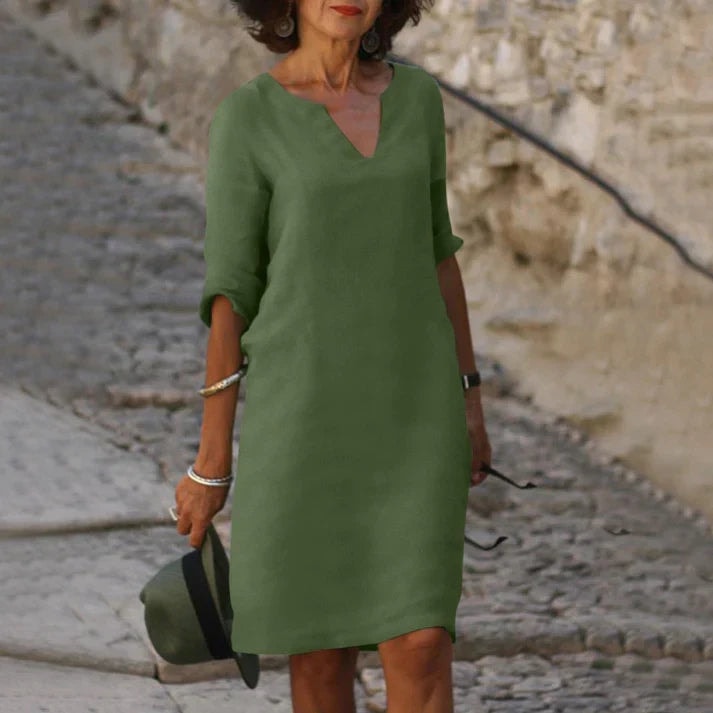 Women's V-Neck Half-Sleeve Polyester Midi Dress