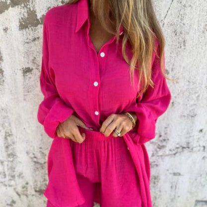Sasha Two-Piece Matching Linen Shirt and Shorts Set with Long Sleeves