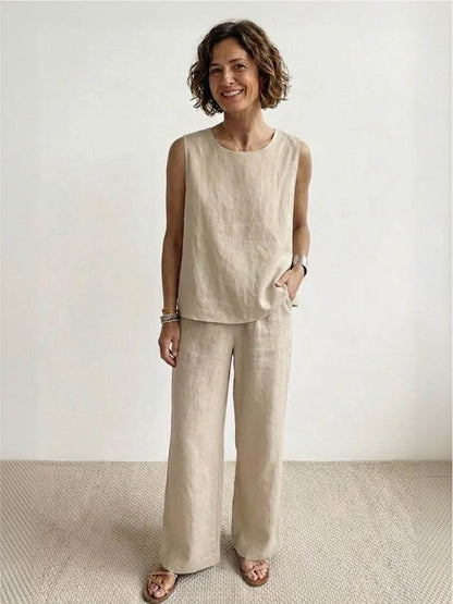 Sage Matching Linen Sleeveless Top and Wide-Leg Pants Two-Piece Set