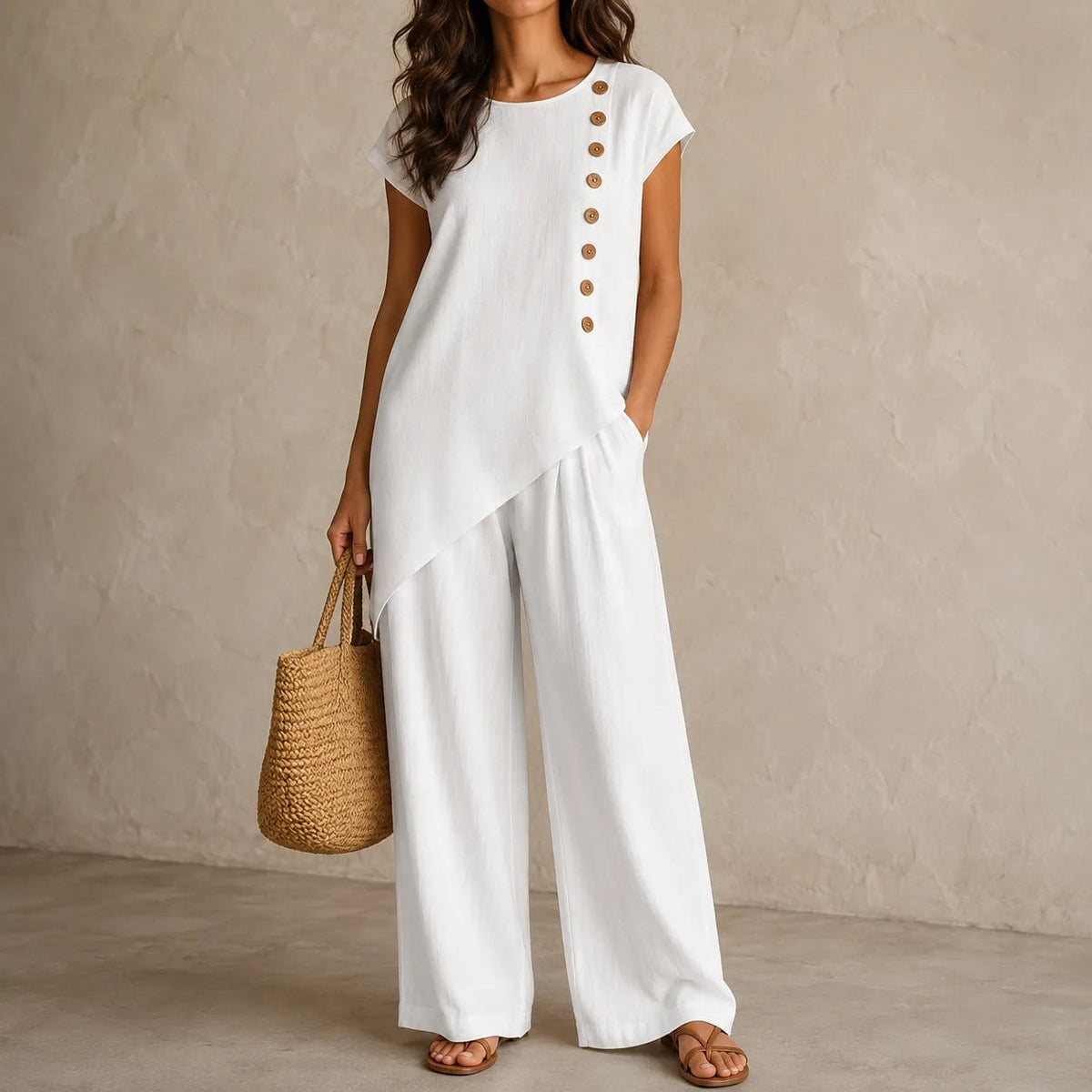 Two-Piece Matching Co-Ord Set with Asymmetric Button Top and Wide-Leg Pants