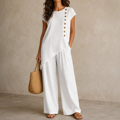 Two-Piece Matching Co-Ord Set with Asymmetric Button Top and Wide-Leg Pants