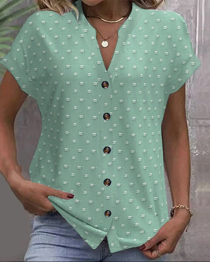 Amarys Printed Button-Down V-Neck Top with Short Sleeves