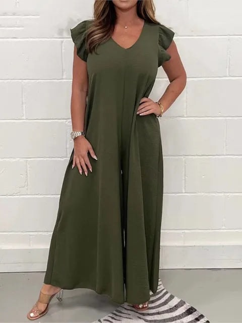 Sabrina Wide Leg Jumpsuit with Ruffled Sleeves and V-Neck