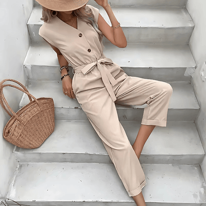 Belted Button-Front Sleeveless Jumpsuit for Women