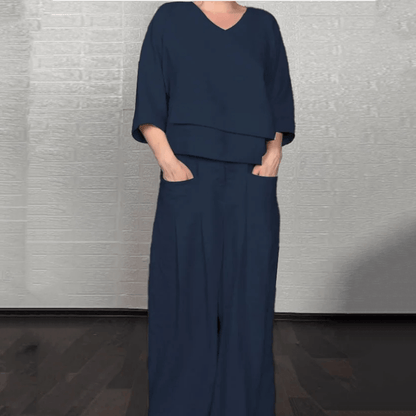 Cotton Linen Matching Two-Piece Set with V-Neck Top and Wide-Leg Pants