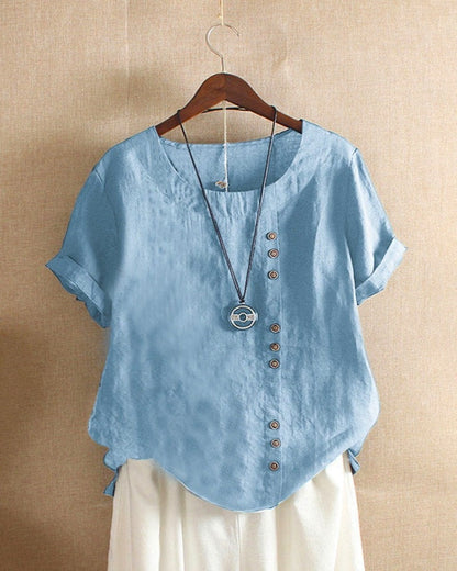 Halvorn Relaxed Linen Summer Top with Short Sleeves and Side Button Detail
