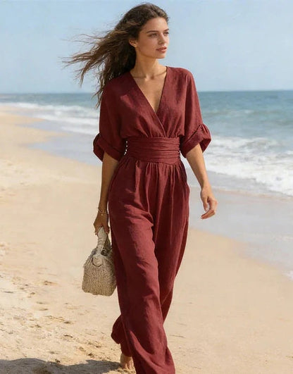 Linen V-Neck Wide-Leg Jumpsuit with Wrap Front and Short Sleeves