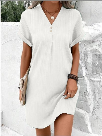 Ribbed Knit V-Neck Button-Detail Midi Dress with Short Sleeves