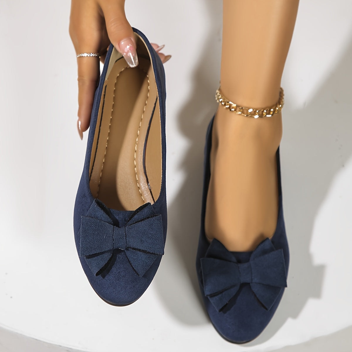 Maisie Faux Suede Slip-On Wedge Ballet Flats with Bow and Rounded Toe