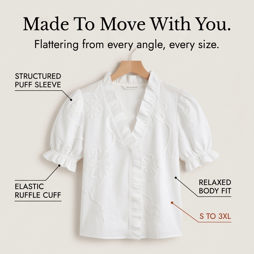 Embroidered Puff Sleeve Ruffled V-Neck Top for Women in Cotton