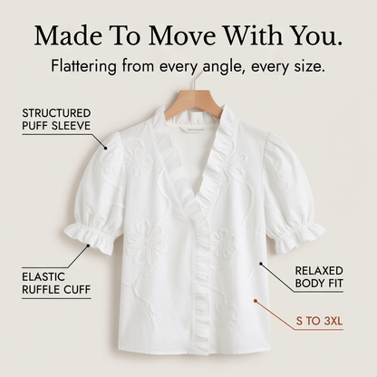 Embroidered Puff Sleeve Ruffled V-Neck Top for Women in Cotton