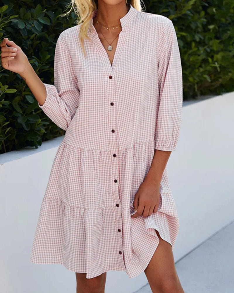 Cressida Checkered Tiered Summer Dress with Button Details