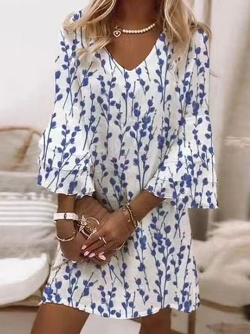 Marble Swirl Print Mini Dress with V-Neck and Flared Layered Sleeves