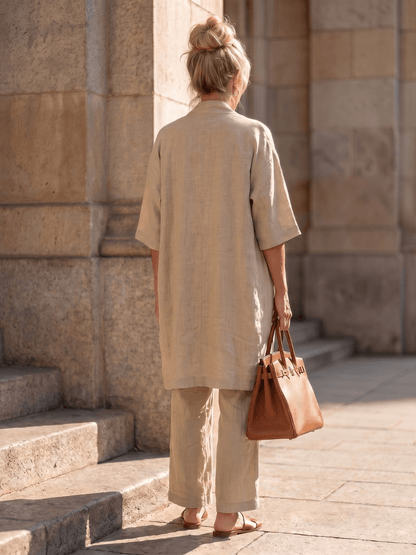 Linen Wide-Leg Pant and Duster Jacket Women's Two-Piece Co-Ord Set