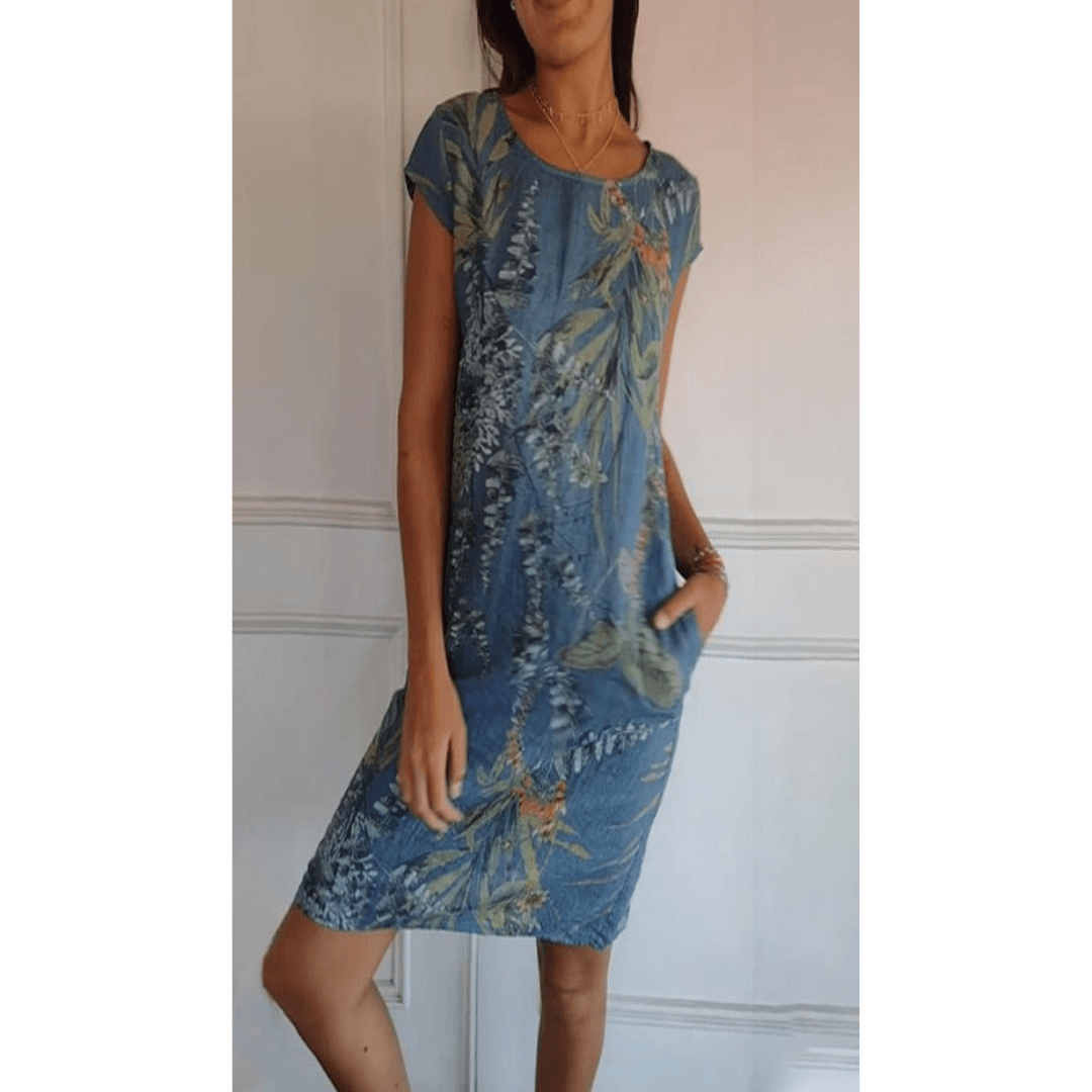 Women's Floral Print Round-Neck Midi Dress with Pockets