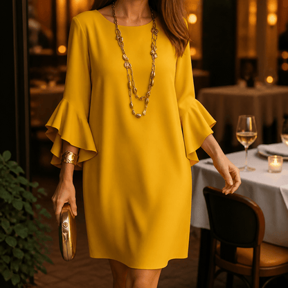 Hilaria Cotton Bell-Sleeve Women's Midi Dress with Ruffle Cuffs