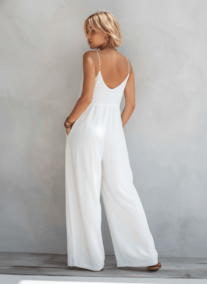 Women's Wide-Leg Linen Blend Jumpsuit with Spaghetti Straps