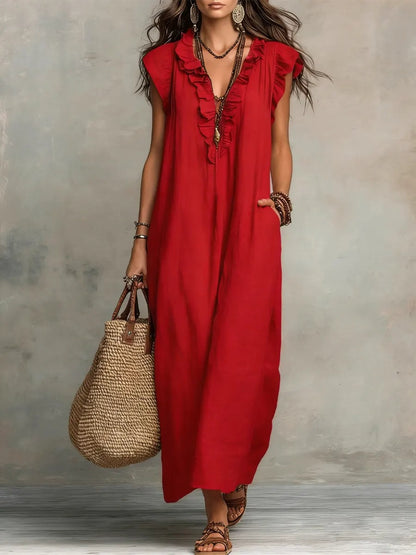 Caldora Maxi Dress in Summer Linen with Ruffle V-Neck and Side Pockets