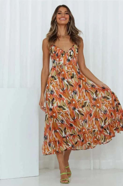 Sara Woven Midi Summer Dress with Abstract Floral Print and Tie Waist