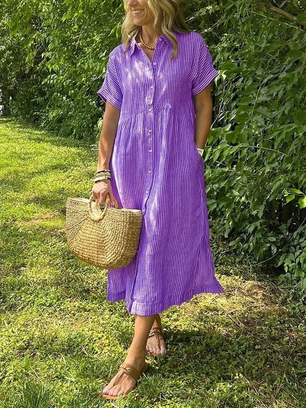 Women's Striped Cotton Shirt Collar Midi Dress with Short Sleeves