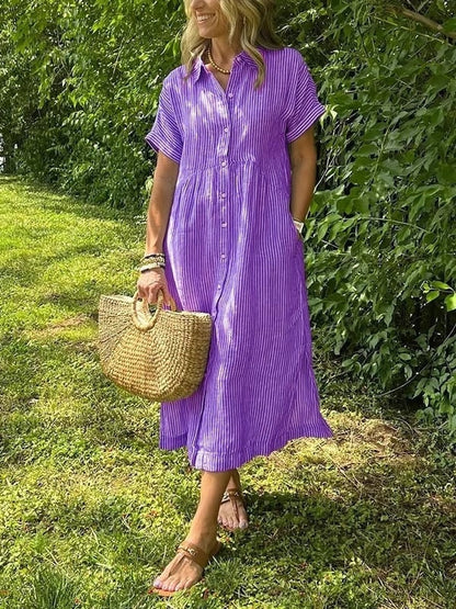 Women's Striped Cotton Shirt Collar Midi Dress with Short Sleeves