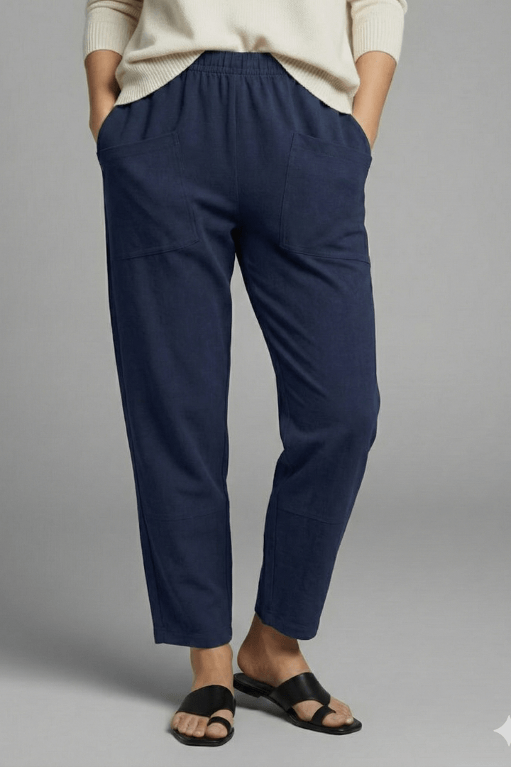 Tapered Ankle-Length Pants with Elastic Waist and Large Patch Pockets
