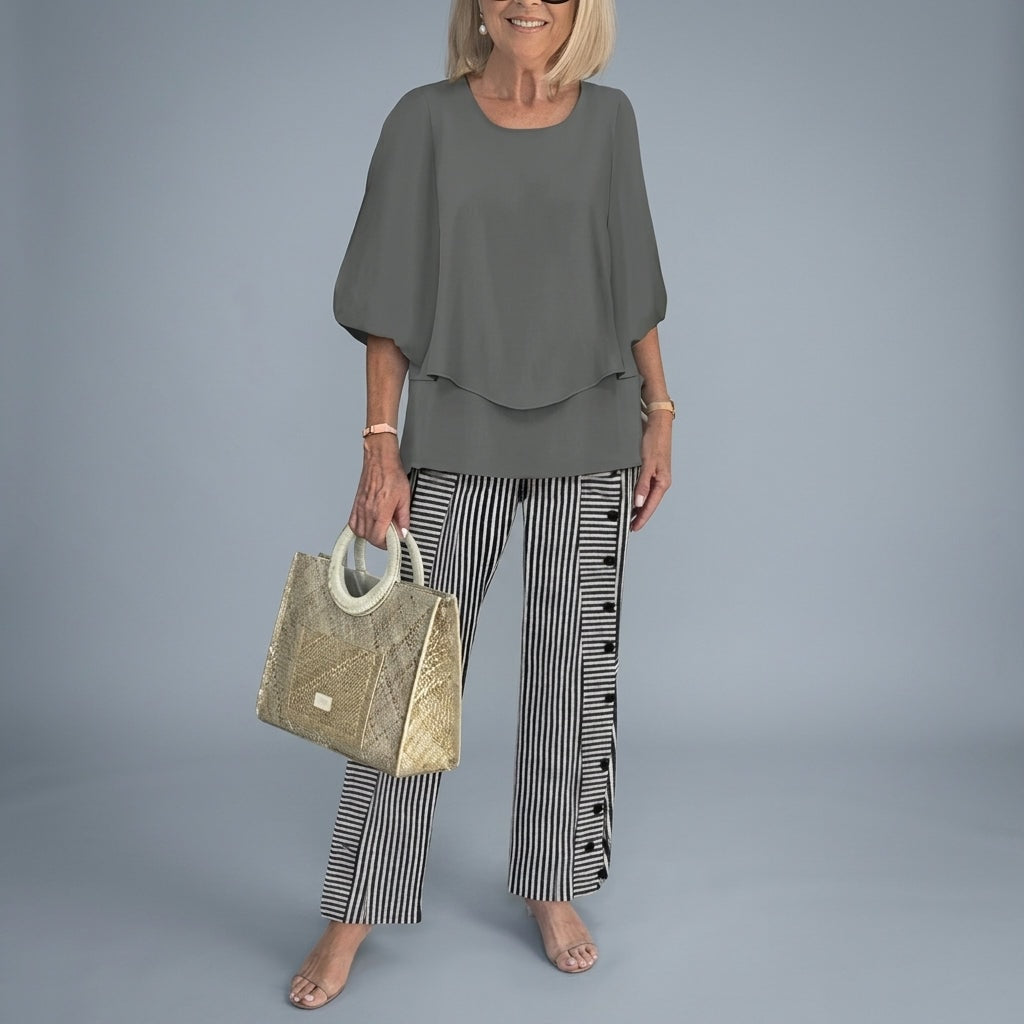 Women's Matching Two-Piece Set with Layered Flutter Top and Wide-Leg Pants